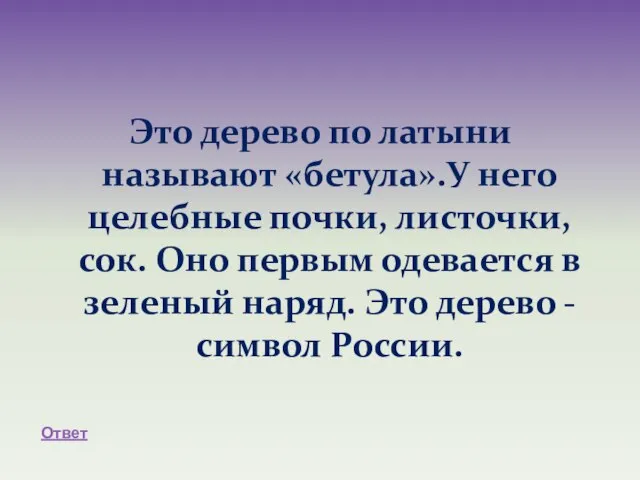 Это дерево по латыни называют «бетула».У него целебные почки, листочки, сок.