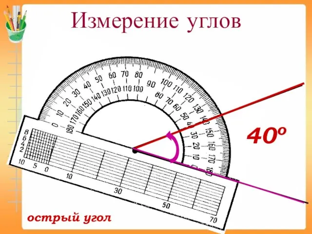 Измерение углов 40о острый угол