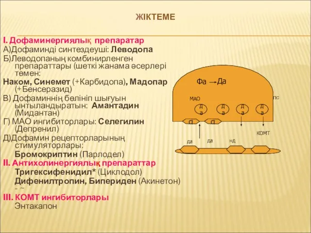 ЖІКТЕМЕ I. Дофаминергиялық препаратар А)Дофаминді синтездеуші: Леводопа Б)Леводопаның комбинирленген препараттары (шеткі