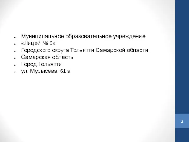 Муниципальное образовательное учреждение «Лицей № 6» Городского округа Тольятти Самарской области