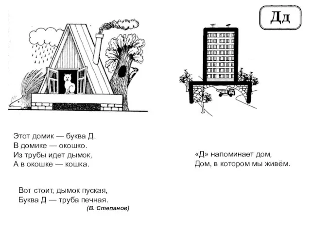 Вот стоит, дымок пуская, Буква Д — труба печная. (В. Степанов)