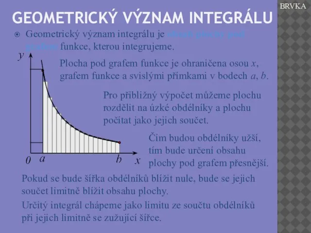 GEOMETRICKÝ VÝZNAM INTEGRÁLU Geometrický význam integrálu je obsah plochy pod grafem