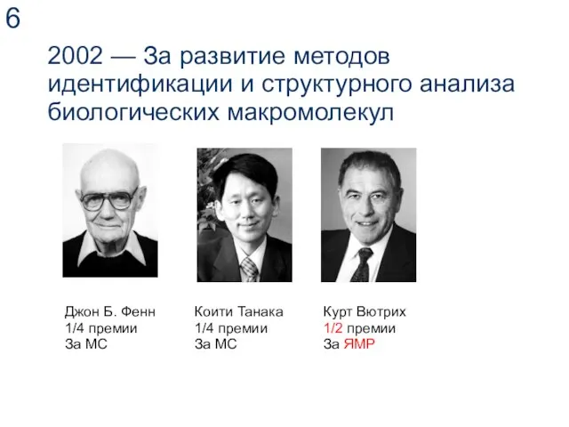 2002 — За развитие методов идентификации и структурного анализа биологических макромолекул