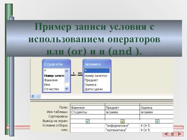 Пример записи условия с использованием операторов или (or) и и (and ).