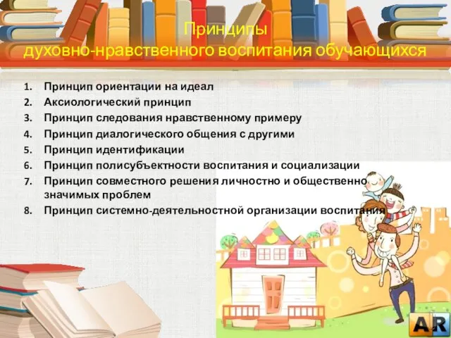 Принцип ориентации на идеал Аксиологический принцип Принцип следования нравственному примеру Принцип