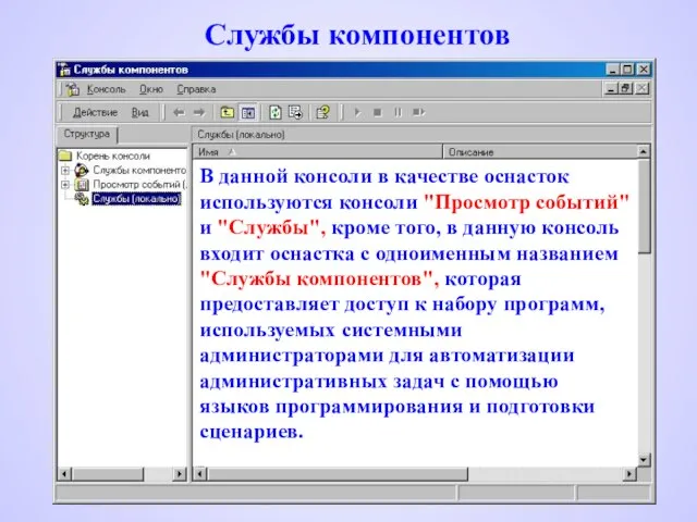 Службы компонентов В данной консоли в качестве оснасток используются консоли "Просмотр