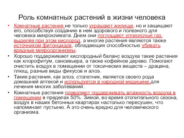 Роль комнатных растений в жизни человека Комнатные растения не только украшают