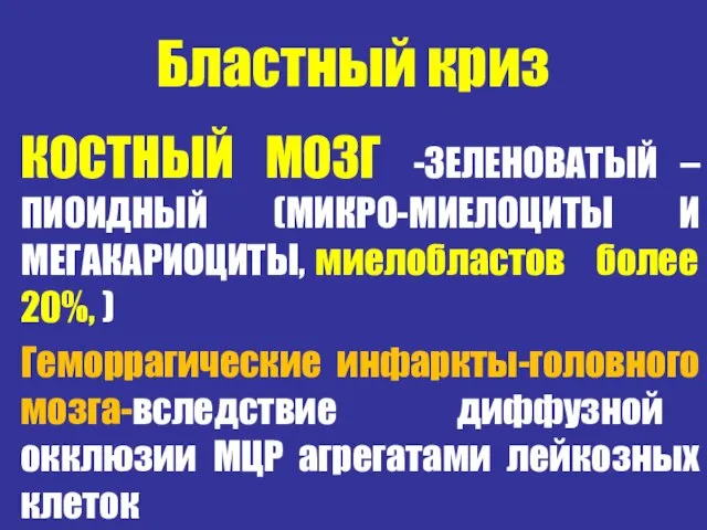 Бластный криз КОСТНЫЙ МОЗГ -ЗЕЛЕНОВАТЫЙ –ПИОИДНЫЙ (МИКРО-МИЕЛОЦИТЫ И МЕГАКАРИОЦИТЫ, миелобластов более