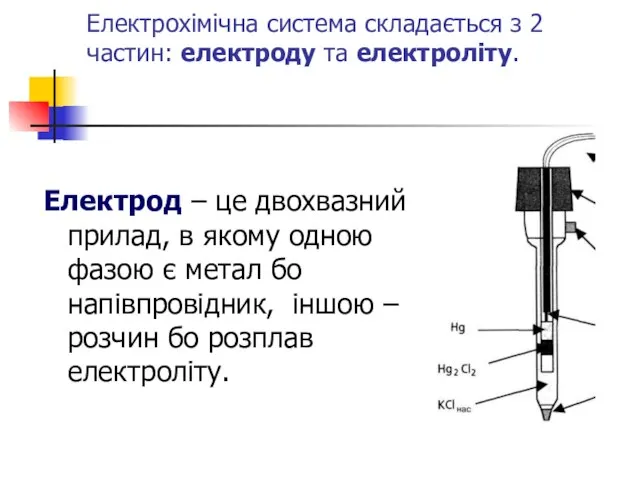 Електрохімічна система складається з 2 частин: електроду та електроліту. Електрод –