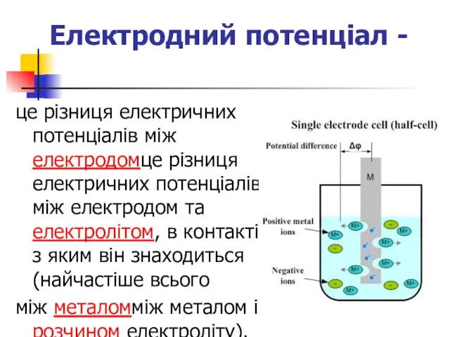 Електродний потенціал - це різниця електричних потенціалів між електродомце різниця електричних