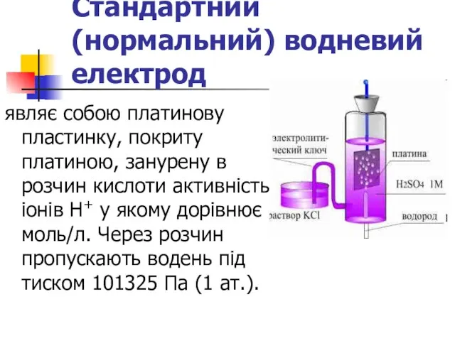 Стандартний (нормальний) водневий електрод являє собою платинову пластинку, покриту платиною, занурену