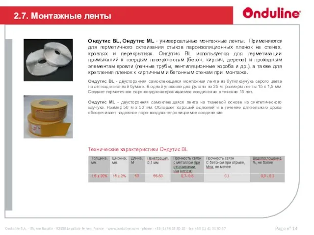 Ондутис BL, Ондутис МL - универсальные монтажные ленты. Применяются для герметичного
