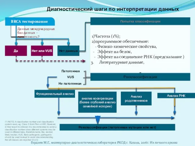 Диагностический шаги по интерпретации данных BRCA тестирование Данные международных баз данных