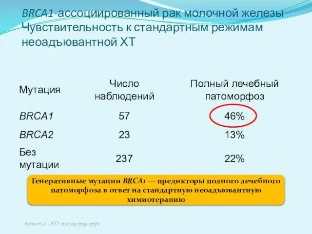 BRCA1-ассоциированный рак молочной железы Чувствительность к стандартным режимам неоадъювантной ХТ Arun