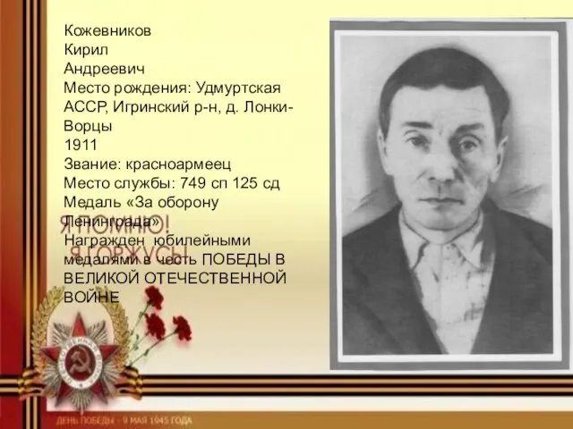 Кожевников Кирил Андреевич Место рождения: Удмуртская АССР, Игринский р-н, д. Лонки-Ворцы