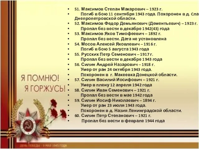 51. Максимов Степан Макарович – 1923 г. Погиб в бою 11