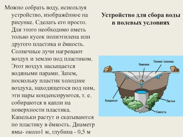 Устройство для сбора воды в полевых условиях Можно собрать воду, используя