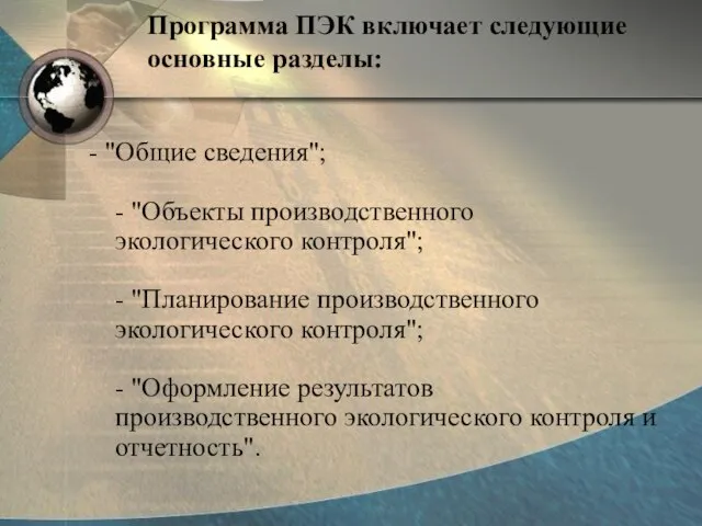 Программа ПЭК включает следующие основные разделы: - "Общие сведения"; - "Объекты