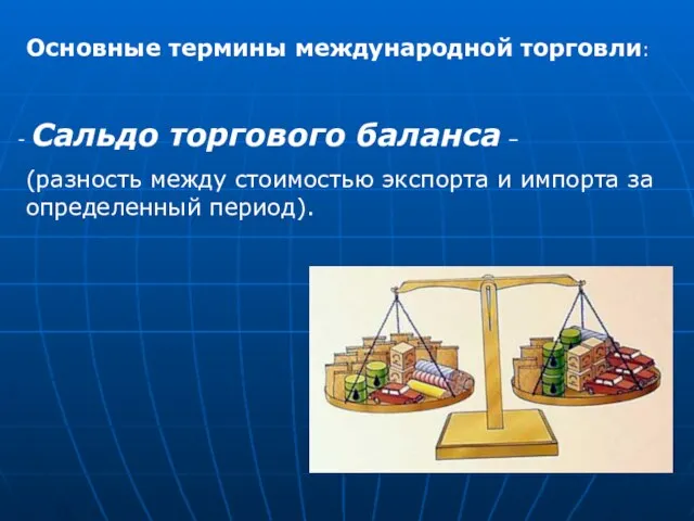 Основные термины международной торговли: Сальдо торгового баланса – (разность между стоимостью