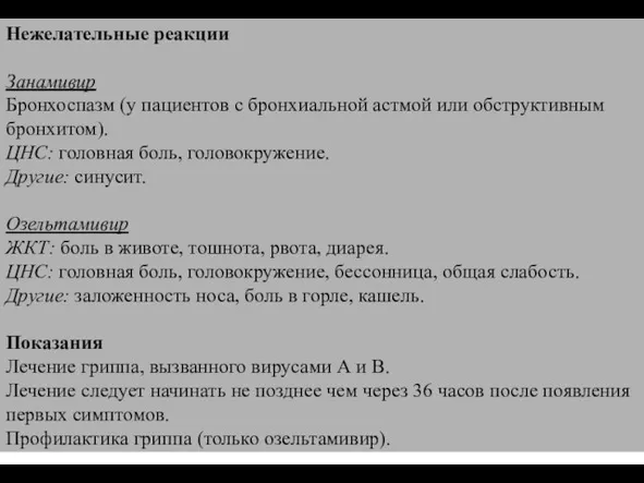 Нежелательные реакции Занамивир Бронхоспазм (у пациентов с бронхиальной астмой или обструктивным