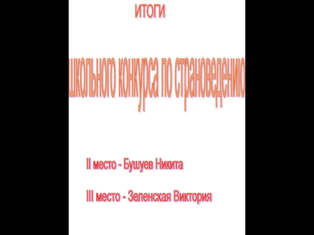 ИТОГИ школьного конкурса по страноведению II место - Бушуев Никита III место - Зеленская Виктория