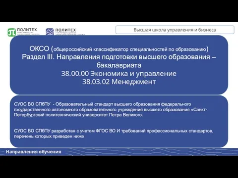 Направления обучения Высшая школа управления и бизнеса ОКСО (общероссийский классификатор специальностей