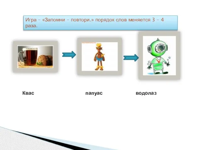 Игра – «Запомни – повтори.» порядок слов меняется 3 – 4 раза. Квас папуас водолаз