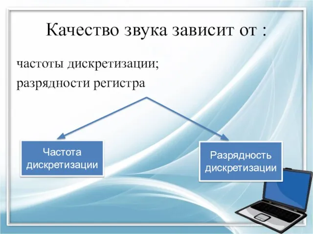 Качество звука зависит от : частоты дискретизации; разрядности регистра Частота дискретизации Разрядность дискретизации