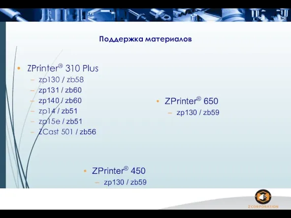 Поддержка материалов ZPrinter® 310 Plus zp130 / zb58 zp131 / zb60