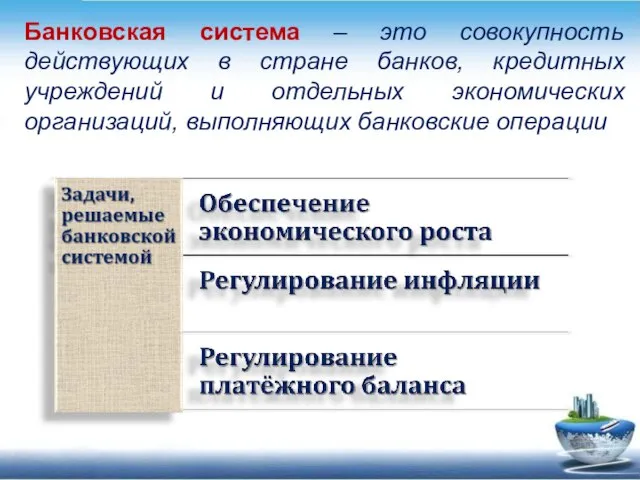 Банковская система – это совокупность действующих в стране банков, кредитных учреждений