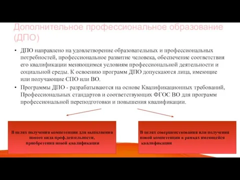 Дополнительное профессиональное образование (ДПО) ДПО направлено на удовлетворение образовательных и профессиональных