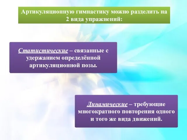 Артикуляционную гимнастику можно разделить на 2 вида упражнений: Статистические – связанные