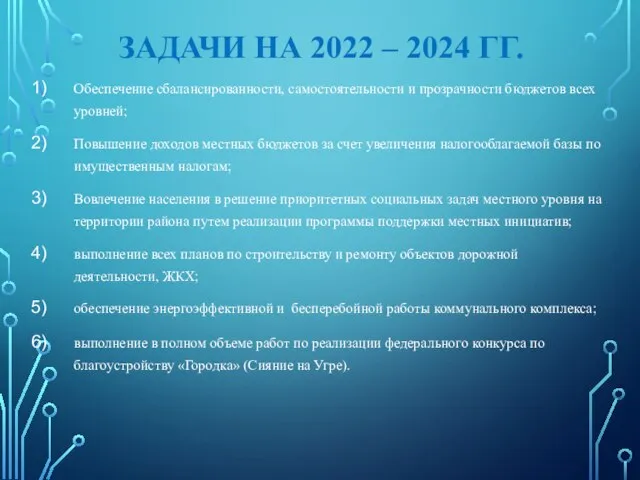 ЗАДАЧИ НА 2022 – 2024 ГГ. Обеспечение сбалансированности, самостоятельности и прозрачности