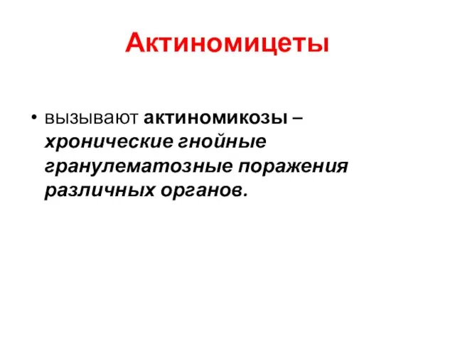 Актиномицеты вызывают актиномикозы – хронические гнойные гранулематозные поражения различных органов.