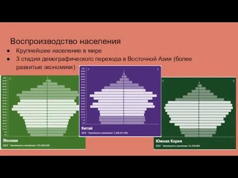 Воспроизводство населения Крупнейшее население в мире 3 стадия демографического перехода в Восточной Азии (более развитые экономики)