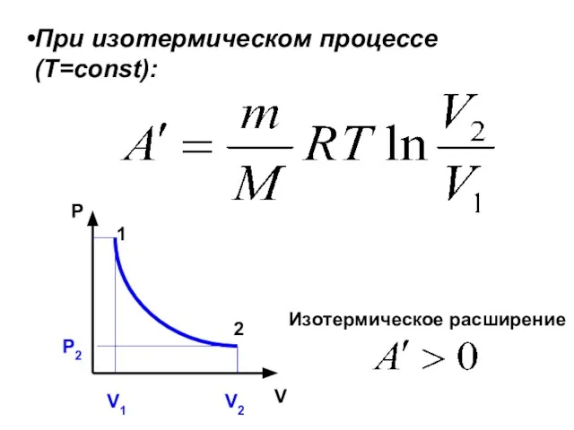 При изотермическом процессе (Т=const): P V Изотермическое расширение Р2 1 2 V1 V2