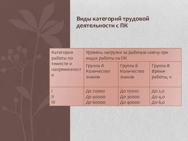 Виды категорий трудовой деятельности с ПК