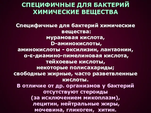 СПЕЦИФИЧНЫЕ ДЛЯ БАКТЕРИЙ ХИМИЧЕСКИЕ ВЕЩЕСТВА Специфичные для бактерий химические вещества: мурамовая