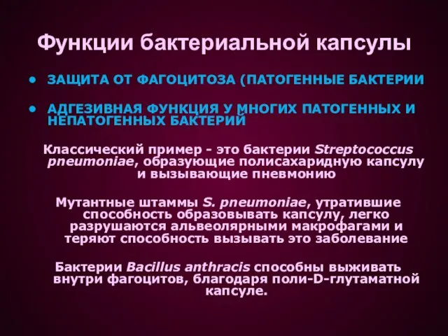 Функции бактериальной капсулы ЗАЩИТА ОТ ФАГОЦИТОЗА (ПАТОГЕННЫЕ БАКТЕРИИ АДГЕЗИВНАЯ ФУНКЦИЯ У