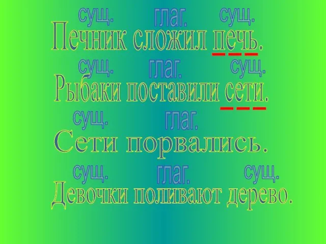 Печник сложил печь. Сети порвались. Рыбаки поставили сети. Девочки поливают дерево.