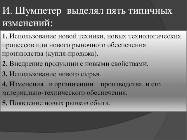 И. Шумпетер выделял пять типичных изменений: 1. Использование новой техники, новых