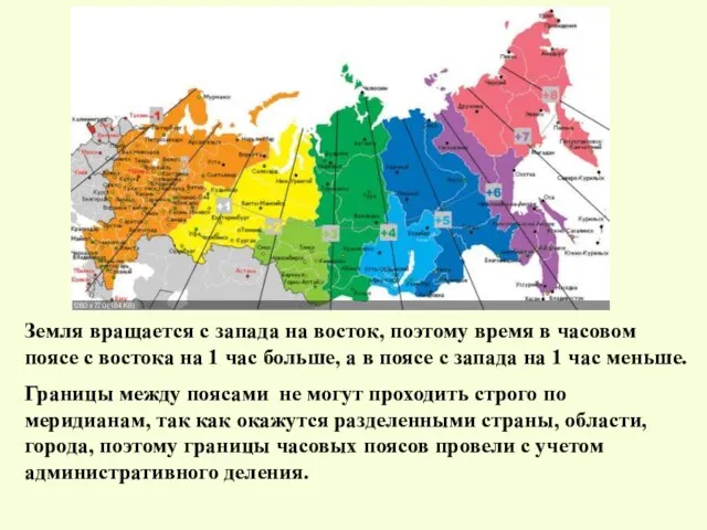 Земля вращается с запада на восток, поэтому время в часовом поясе