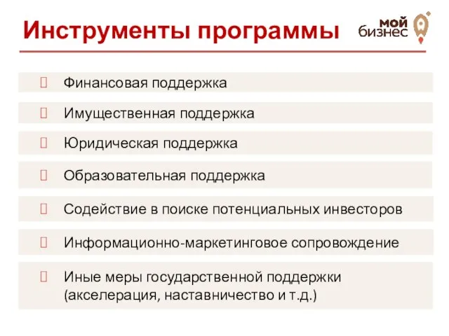 Финансовая поддержка Имущественная поддержка Инструменты программы Юридическая поддержка Образовательная поддержка Содействие