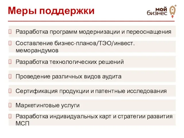 Меры поддержки Разработка программ модернизации и переоснащения Составление бизнес-планов/ТЭО/инвест. меморандумов Разработка