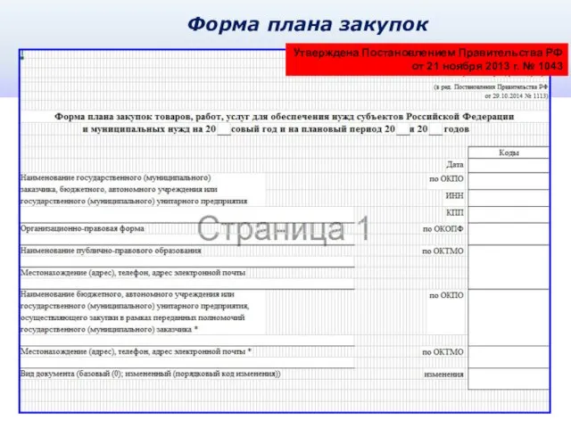 Форма плана закупок Утверждена Постановлением Правительства РФ от 21 ноября 2013 г. № 1043
