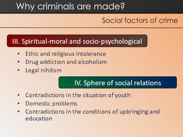 Ethic and religious intolerance Drug addiction and alcoholism Legal nihilism Contradictions