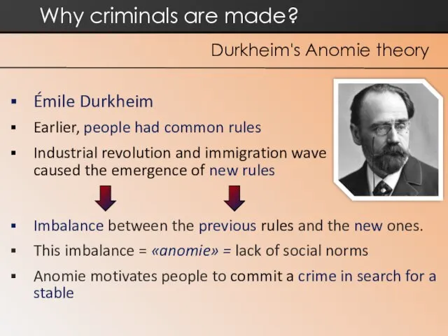 Why criminals are made? Durkheim's Anomie theory Émile Durkheim Earlier, people