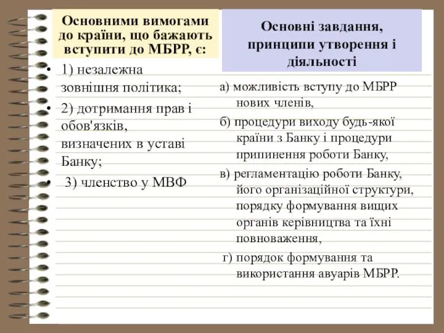 Основними вимогами до країни, що бажають вступити до МБРР, є: 1)