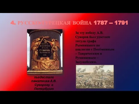 4. РУССКО-ТУРЕЦКАЯ ВОЙНА 1787 -- 1791 Надпись на пьедестале памятника А.В.Суворову