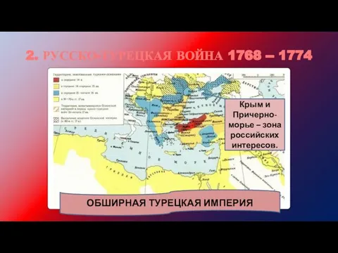 2. РУССКО-ТУРЕЦКАЯ ВОЙНА 1768 -- 1774 Крым и Причерно-морье – зона российских интересов. ОБШИРНАЯ ТУРЕЦКАЯ ИМПЕРИЯ